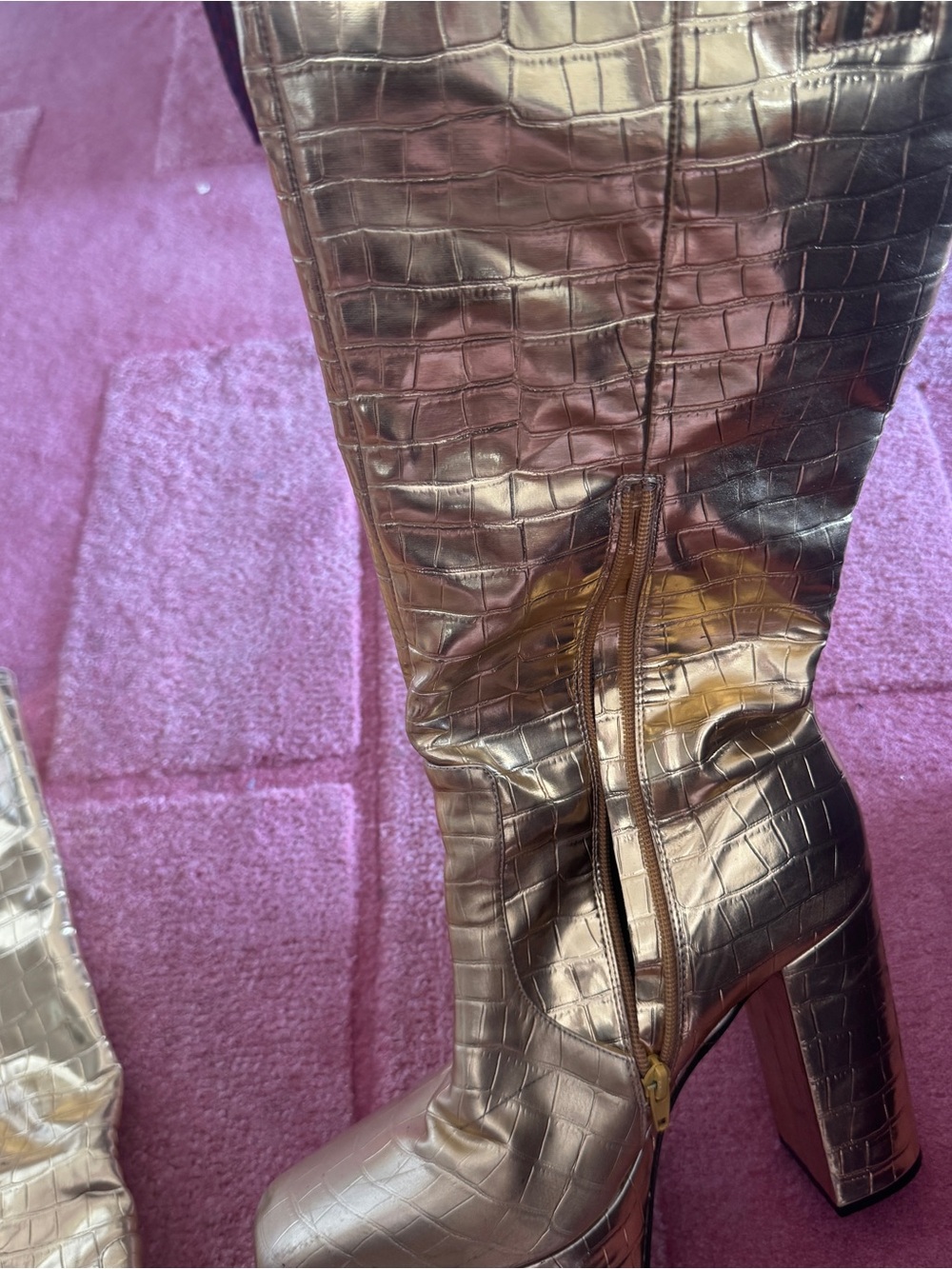 Jeffrey Campbell Metallic Gold Croc-Embossed Platform Knee-High Boots - Picture 3 of 5